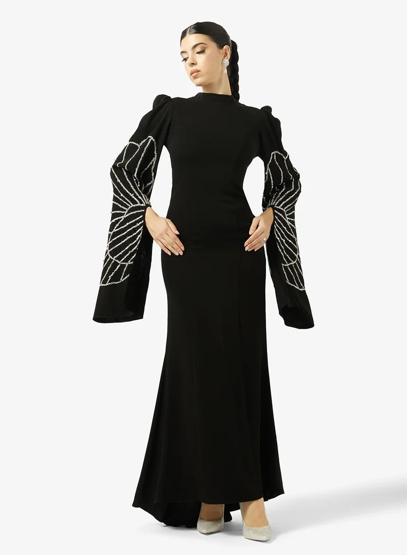 Akadia Fashion BEADED WIDE SLEEVES CREPE DRESS